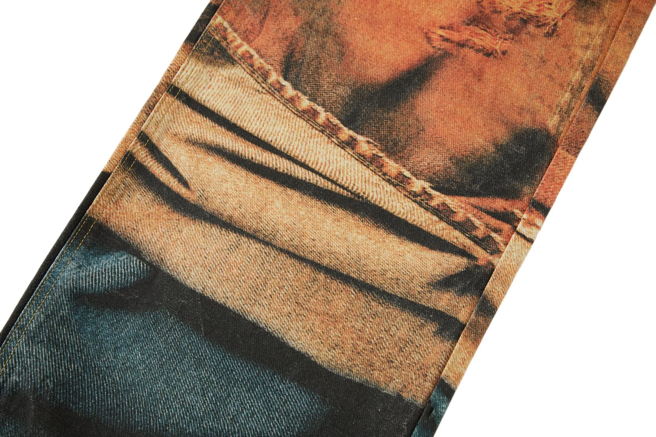 ACN trompe l'oeil print Series denim trousers. Fabric: Made of 12oz 10*7 twill denim pure cotton. Accessories: Buttons are made of electroplated distressed hardware buttons. Technology: Printing adopts 3D direct injection technology, with multiple color combinations to highly restore the original 1:1 effect. Technique: Mud dyeing and frying, 20 pieces per vat customized with same color distressing process. Craftsmanship: Garment washing, color frying, fixed version, solid color to add touch and other processes... This pair of jeans is made of brushed cotton Canvas and decorated with seasonal trompe l'oeil effect prints. Featuring a regular fit and mid-low rise, these jeans feature a straight leg, full length and button placket. Accessories: Customized 1:1 washed trademark Accessories: Customized 1:1 electroplated buttons Size: S-M-L-XL Color: Washed orange Style number: 8886604